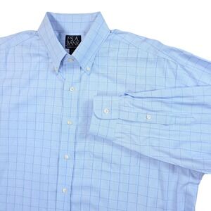 Jos. A. Bank Mens 17-34 Light Blue Windowpane Non-Iron Cotton Dress Shirt